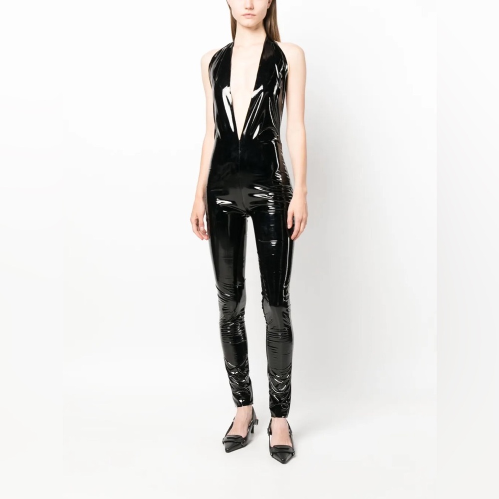 Patent leather effect V-neck jumpsuit catsuit